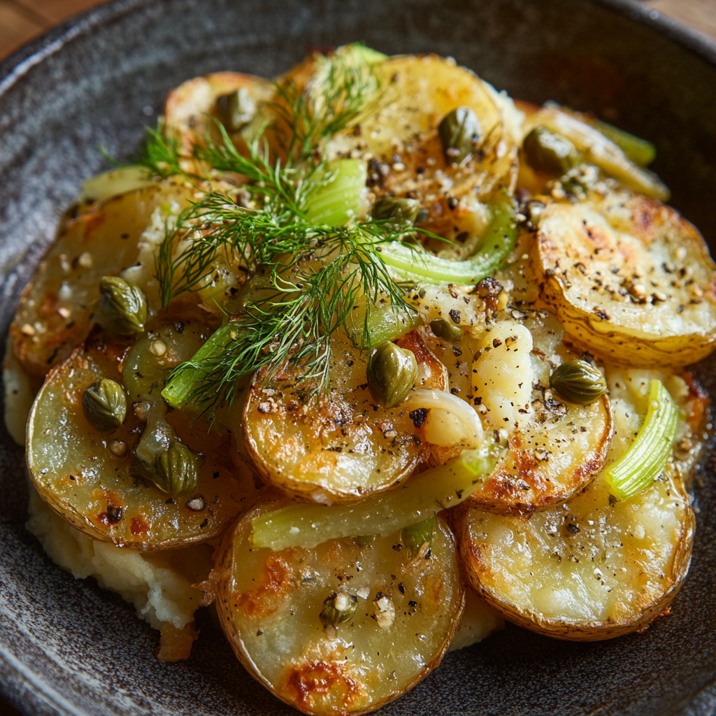 Crisp Smashed Potatoes with Pickles, Celery, Onion, Fresh Dill, and Capers Recipe